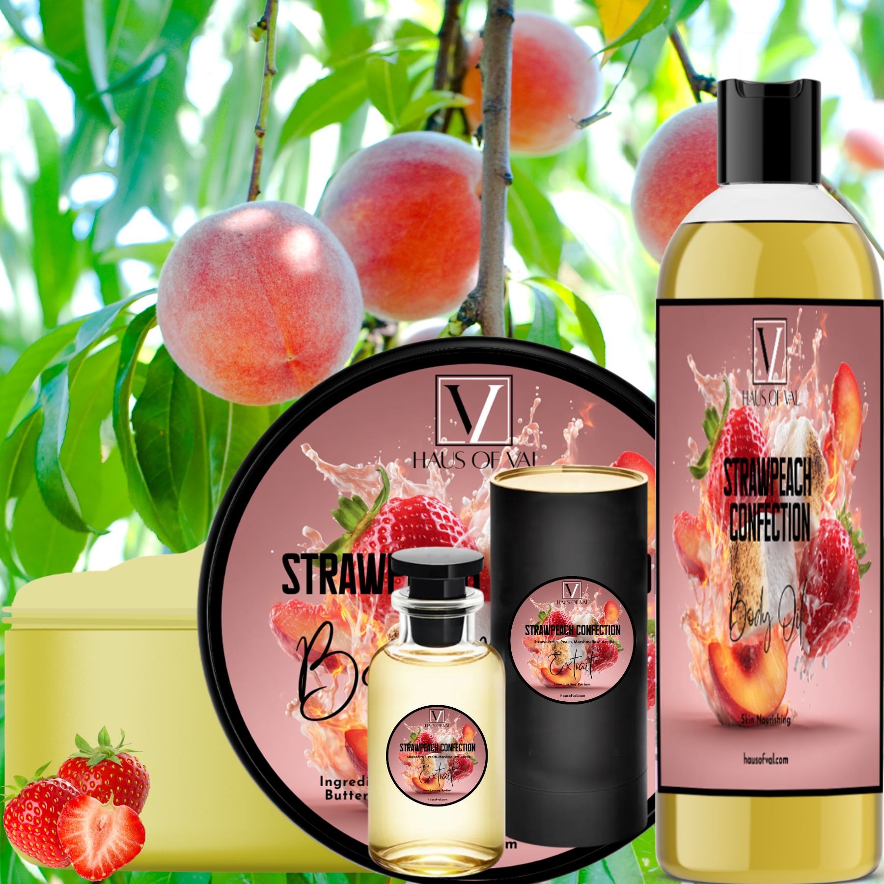 Strawpeach Confection By Haus of Val Body Butter, Buttercream, Mist & Body Oil