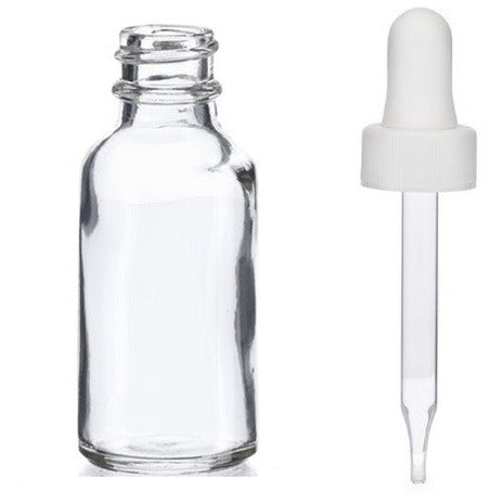 Clear 1 Oz GLASS Boston Round Bottle with Dropper